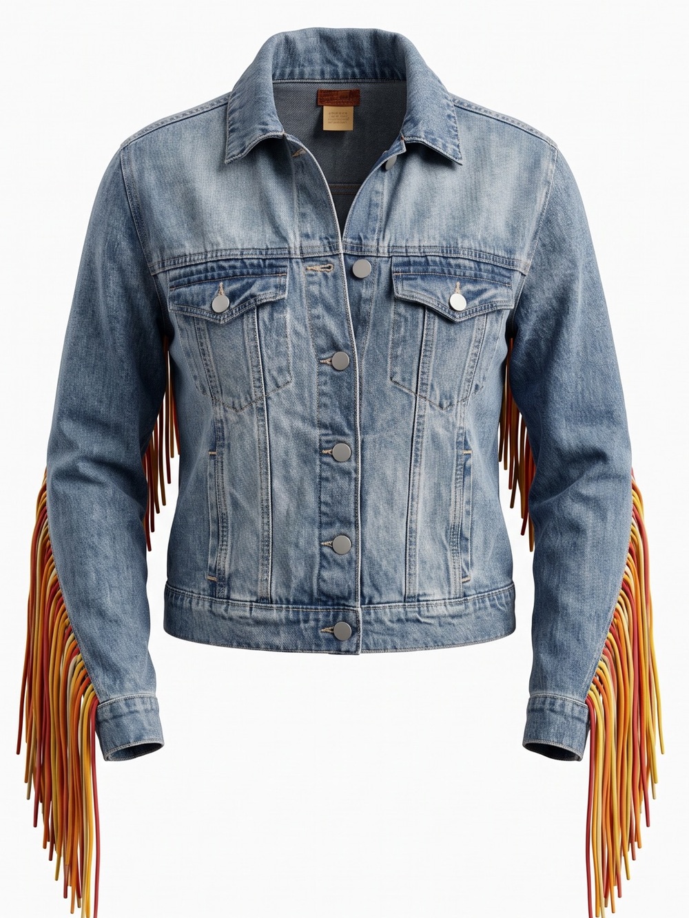 Scully Light Wash Denim Jacket with Multicolor Fringe Sleeves